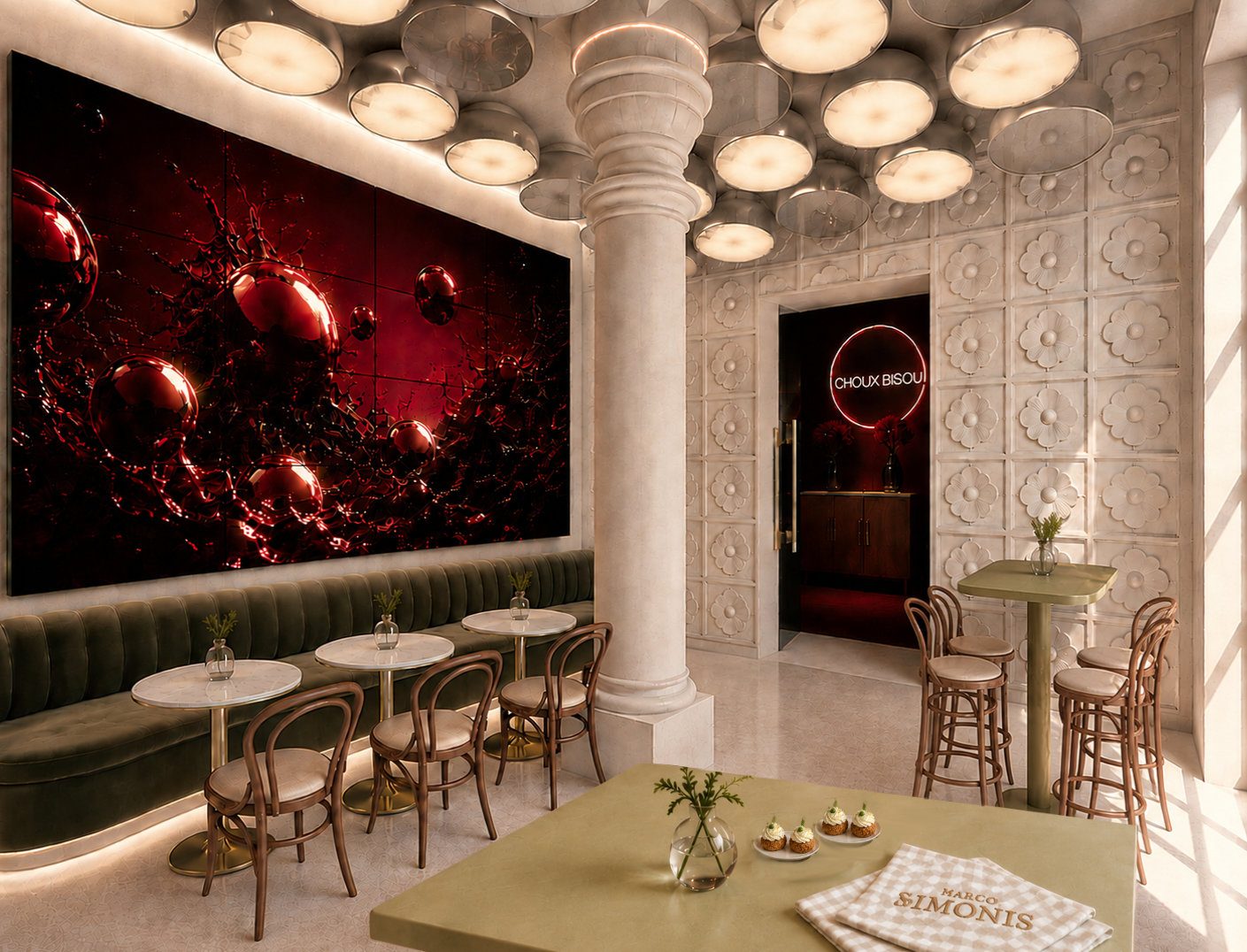 Der Salon mit moosgrüner Sitzbank, Bistrotischen, Reliefwand und großem Bewegtbild