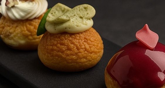 Süße Choux mit Pistaziencreme neben einem glasierten Törtchen