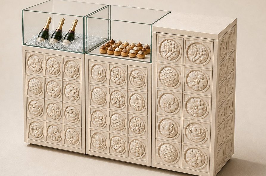 Rollbares Modul aus Sandstein-Relief mit Choux-Vitrine und Champagnerkühlung